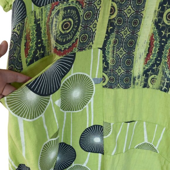 Made in Italy 100% Linen Patchwork Print Duster Dress Green Artsy Boho Oversized - Picture 4 of 10